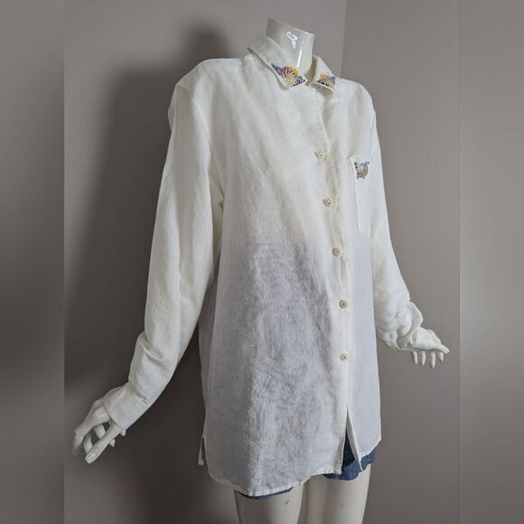 Vintage Tristan & Iseut White Rami Shirt – Floral Embroidered Collar – Size M Ov - Picture 6 of 10